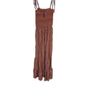 Wisteria Lane Los Angeles Smocked Jumpsuit Small Orange/Blue Geometric Sleeve Be